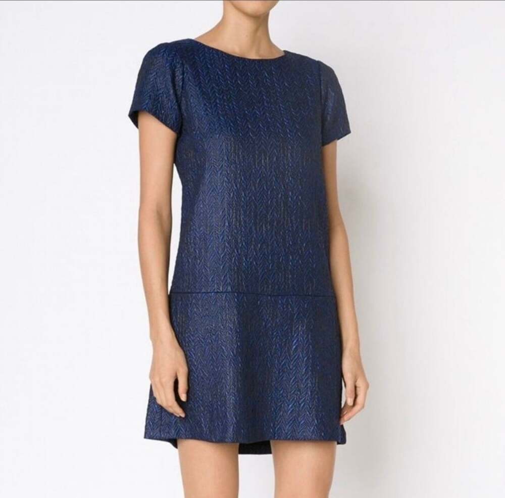 Alice + Olivia Liv Blue and Black Herringbone Jacquard Drop Waist Mini Dress
